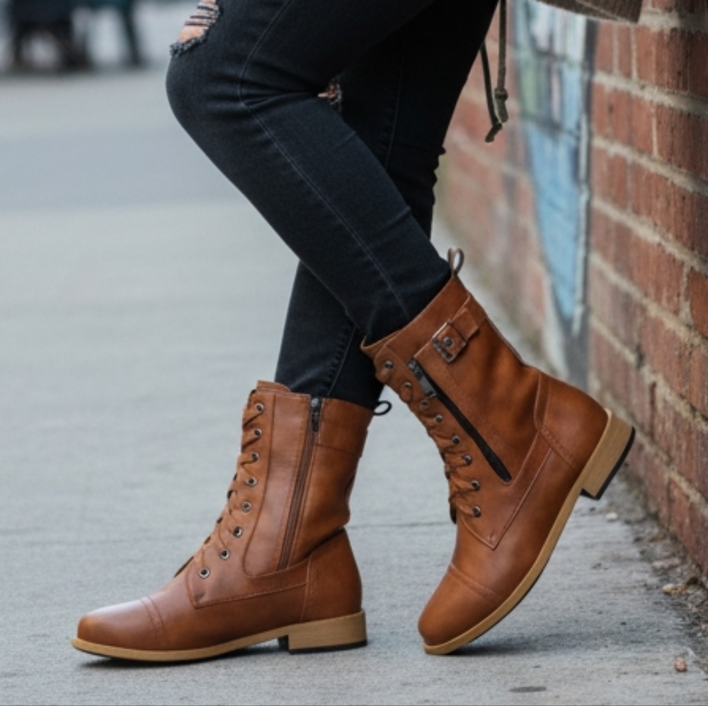 Lace-Up Buckle Side Military Combat Boots Buffed Faux Leather Zipper Shoes